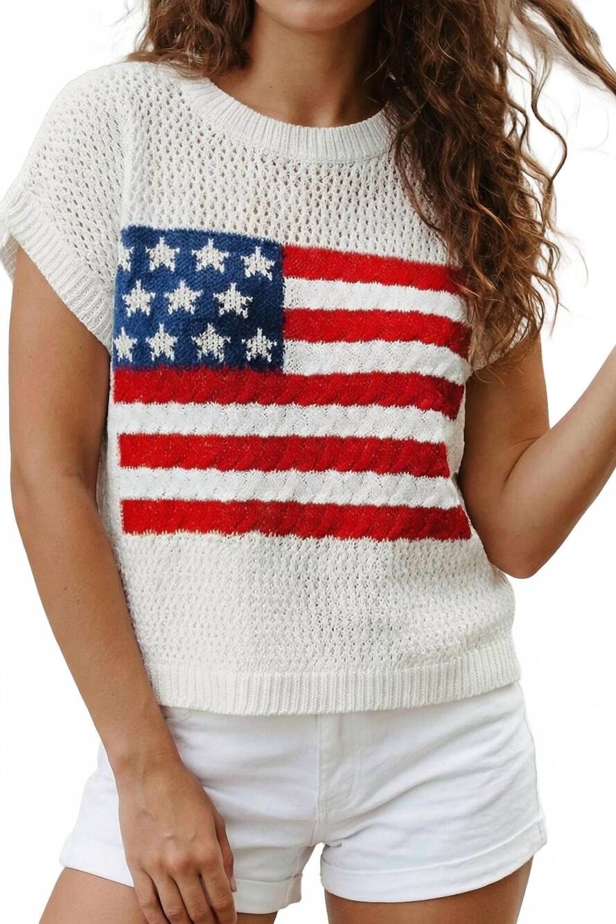 NEW UNKNOWN flag short sleeve graphic sweater in white